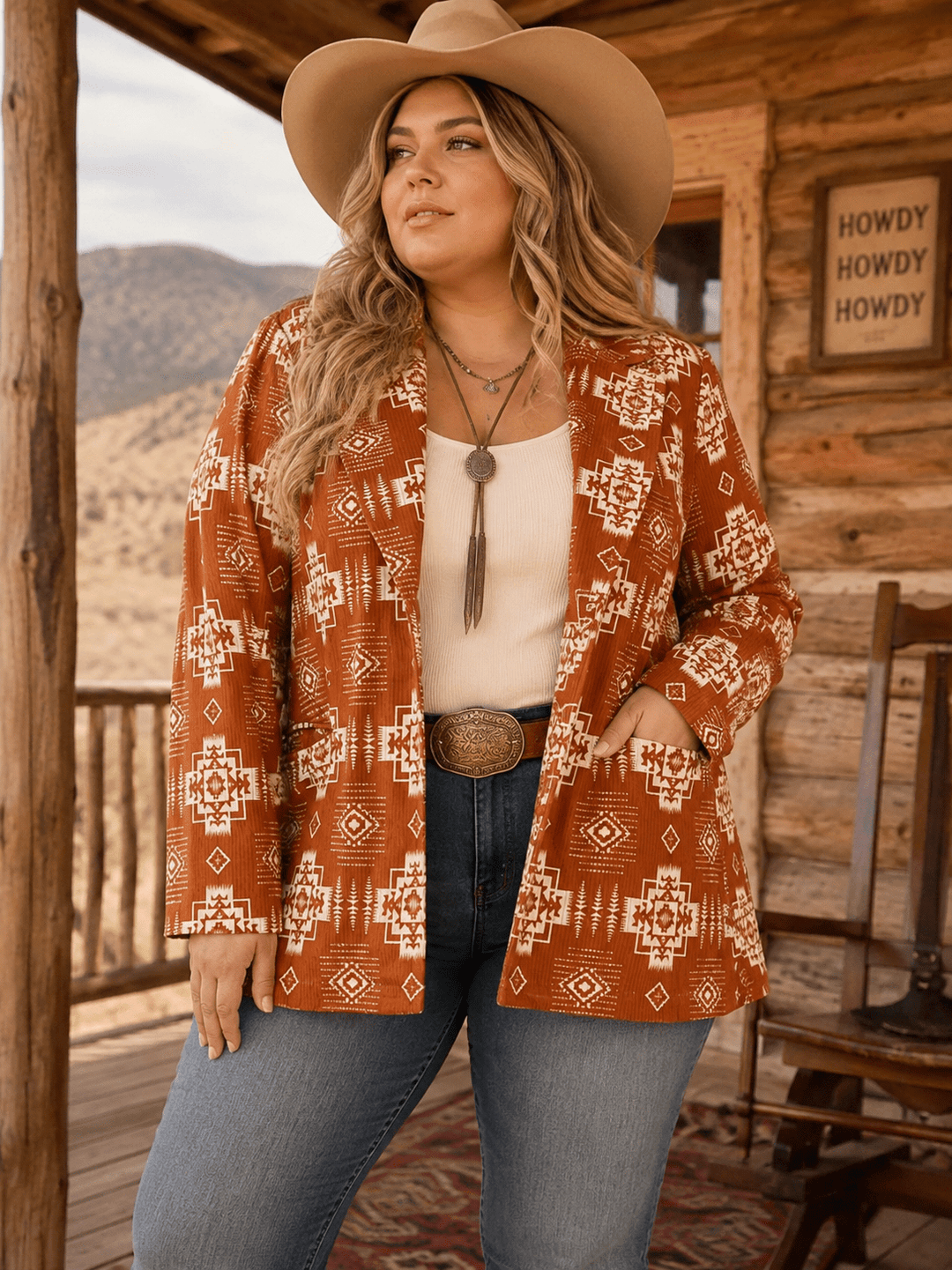PLUS SIZE LONG SLEEVE BUTTON CLOSURE FRONT POCKETS MULTI PRINT BLAZER
