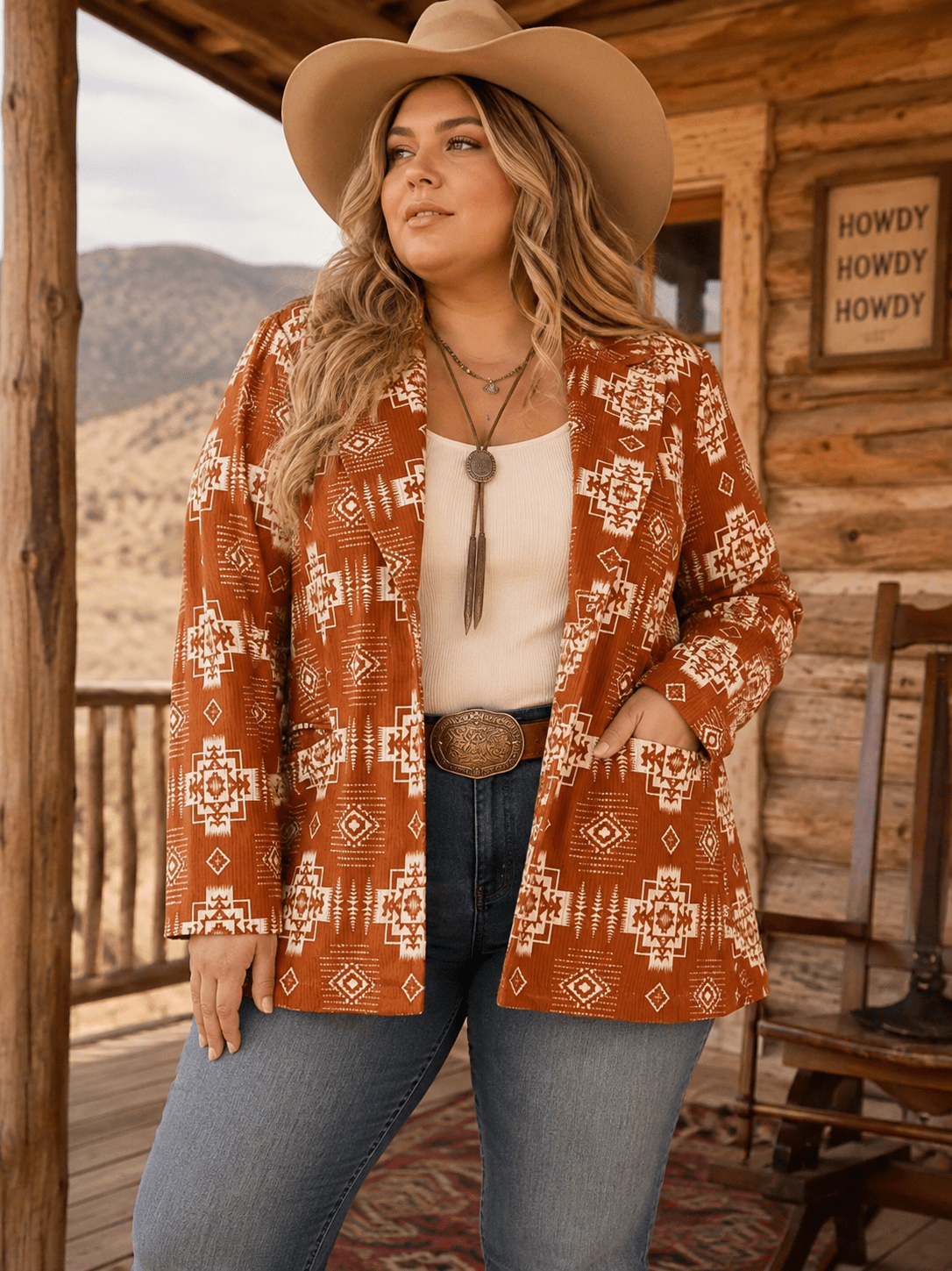 PLUS SIZE LONG SLEEVE BUTTON CLOSURE FRONT POCKETS MULTI PRINT BLAZER