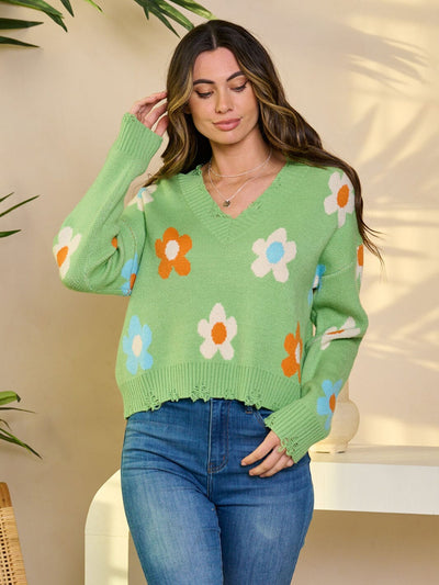 WOMEN'S LONG SLEEVE V-NECK PULLOVER FLORAL SWEATER