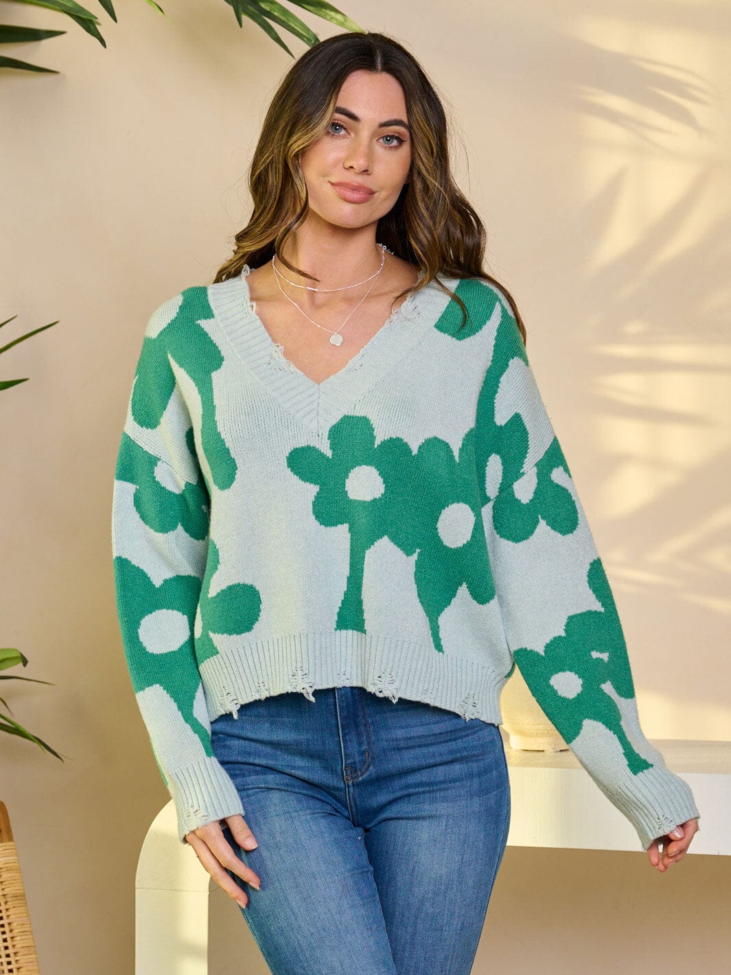 WOMEN'S LONG SLEEVE V-NECK PULLOVER GRAPHIC SWEATER