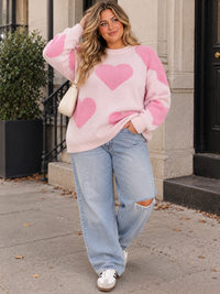 PLUS SIZE LONG SLEEVE HEARTS GRAPHIC PULLOVER SWEATER