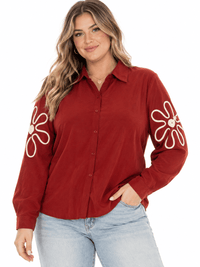 PLUS SIZE LONG SLEEVE BUTTON UP EMBROIDERY DETAILED BLOUSE