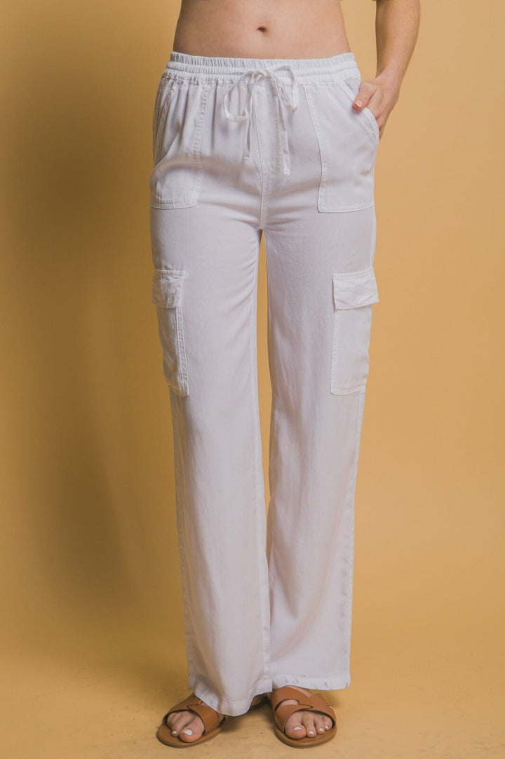 WOMEN'S ELASTIC WAIST SELF TIE CARGO POCKETS STRAIGHT LEG PANTS