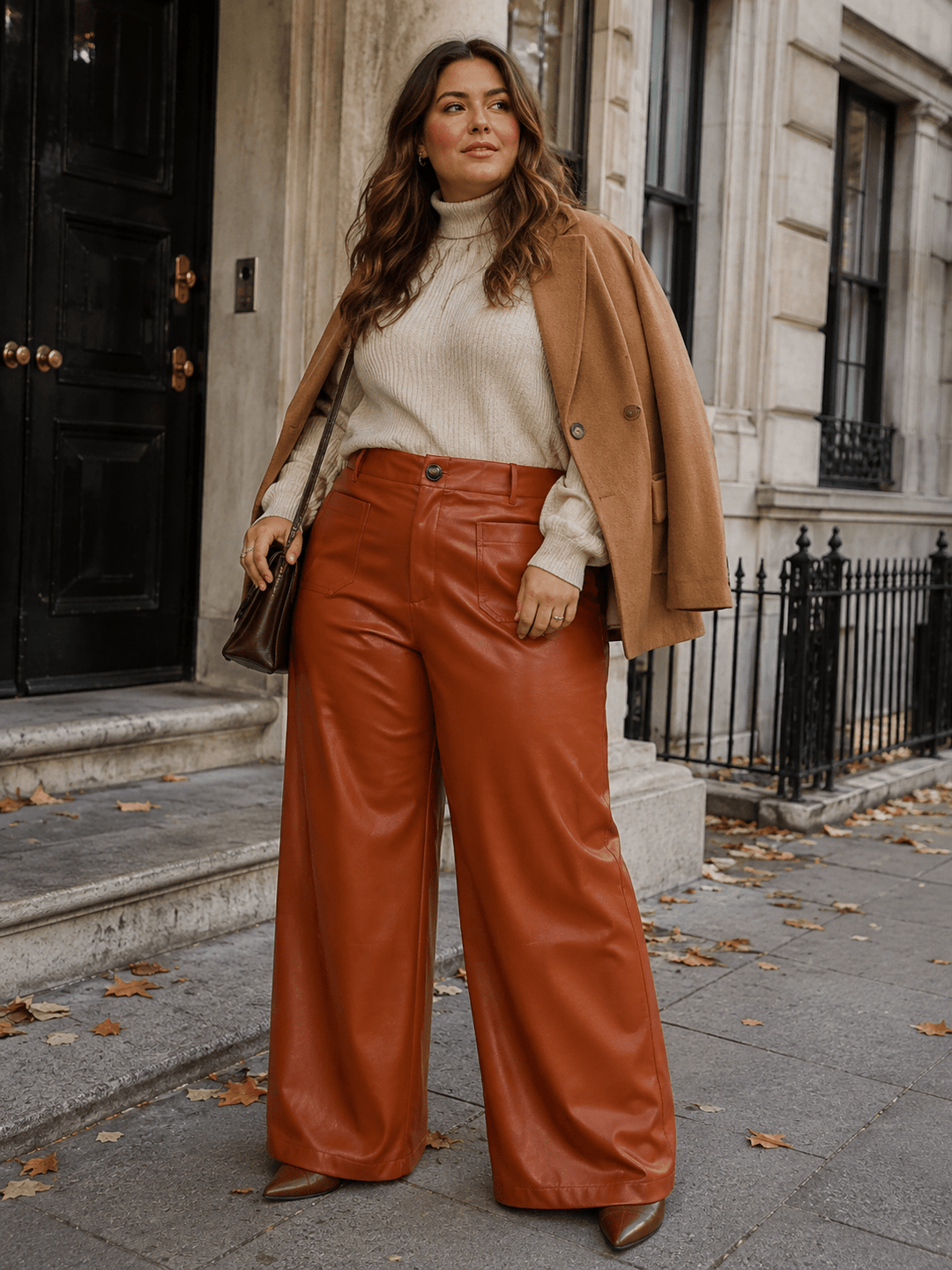 PLUS SIZE BUTTON CLOSURE POCKETS PU PLEATHER WIDE LEG PANTS