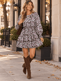 ENTRO WOMEN'S LONG SLEEVE ELASTIC WAIST FLORAL PRINT MINI DRESS