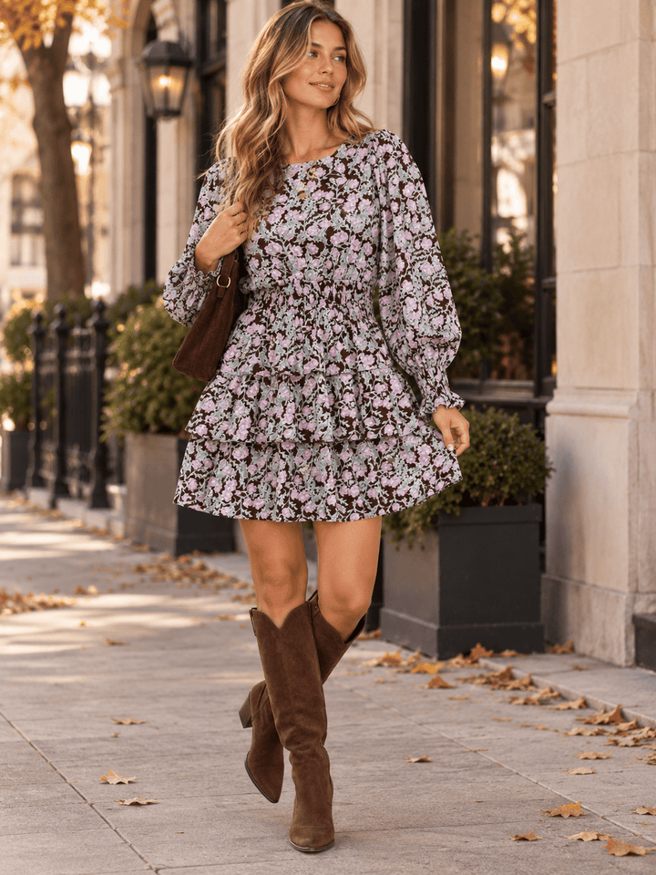 ENTRO WOMEN'S LONG SLEEVE ELASTIC WAIST FLORAL PRINT MINI DRESS