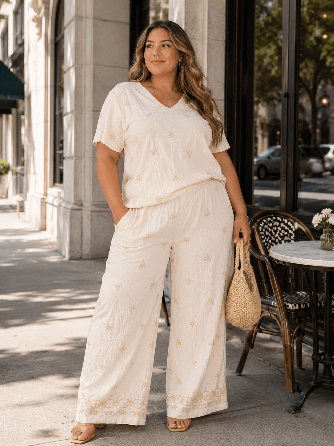 PLUS SIZE SHORT SLEEVE BLOUSE & ELASTIC WAIST PANTS EMBROIDERY 2PC. SET