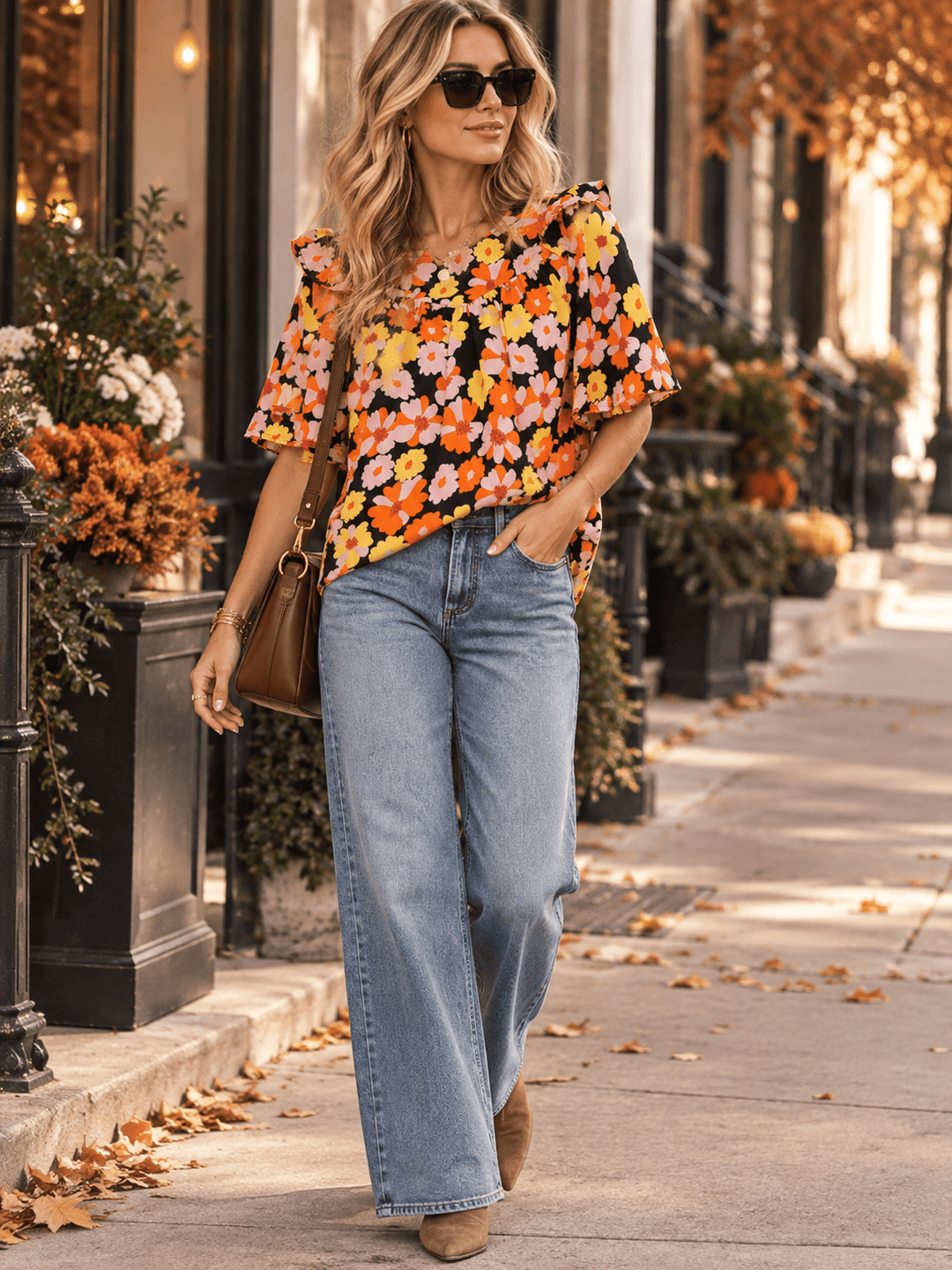 ENTRO WOMEN'S SHORT SLEEVE TUNIC FLORAL PRINT BLOUSE