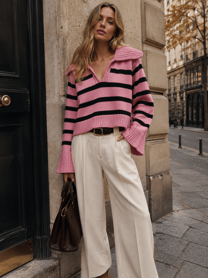 WOMEN'S LONG SLEEVE V-NECK COLORBLOCK STRIPES PULLOVER SWEATER
