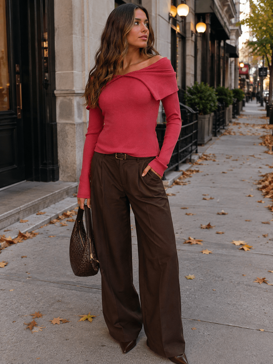 ENTRO WOMEN'S LONG SLEEVE OFF SHOULDER RIBBED TOP