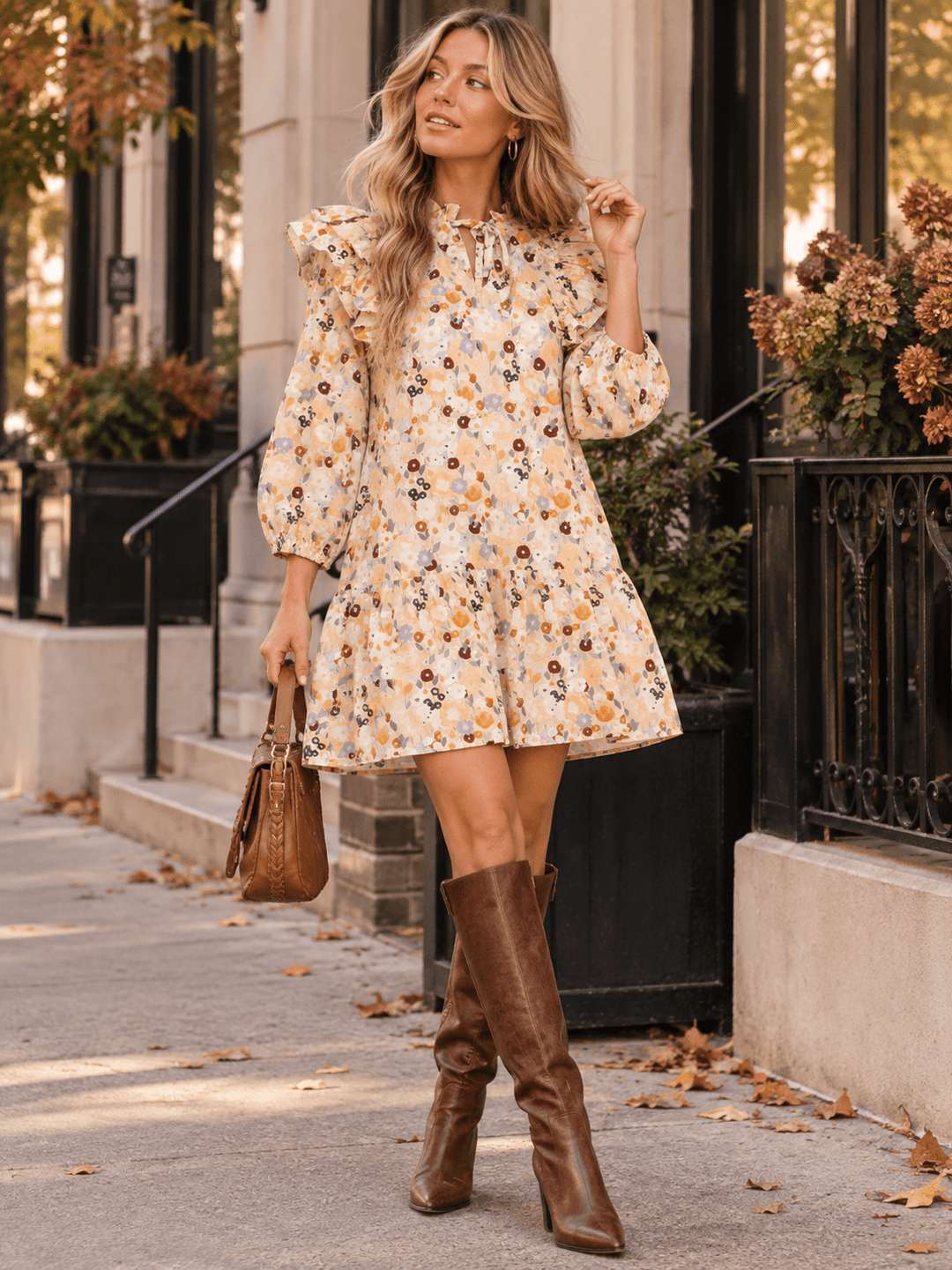ENTRO WOMEN'S 3/4 SLEEVE V-NECK FLORAL PRINT MINI DRESS