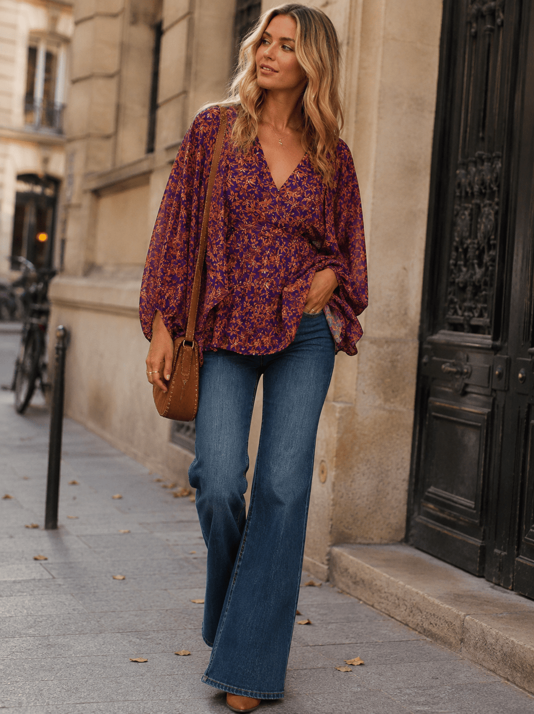 WOMEN'S LONG SLEEVE SURPLICE FLORAL PEPLUM BLOUSE