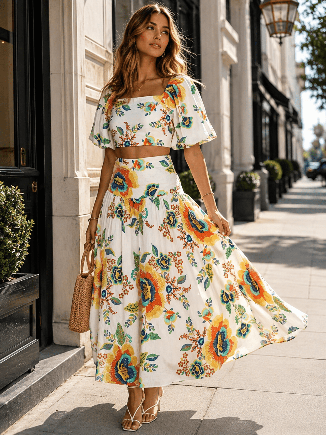 WOMEN'S SHORT SLEEVE CROP TOP & ELASTIC WAIST MAXI SKIRTS FLORAL 2PC. SET