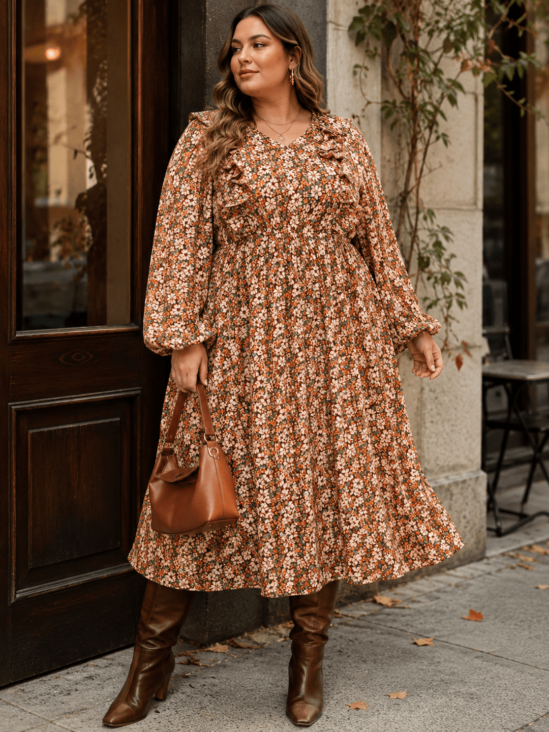 PLUS SIZE LONG SLEEVE BUTTON UP ELASTIC WAIST FLORAL PLEATED MAXI DRESS