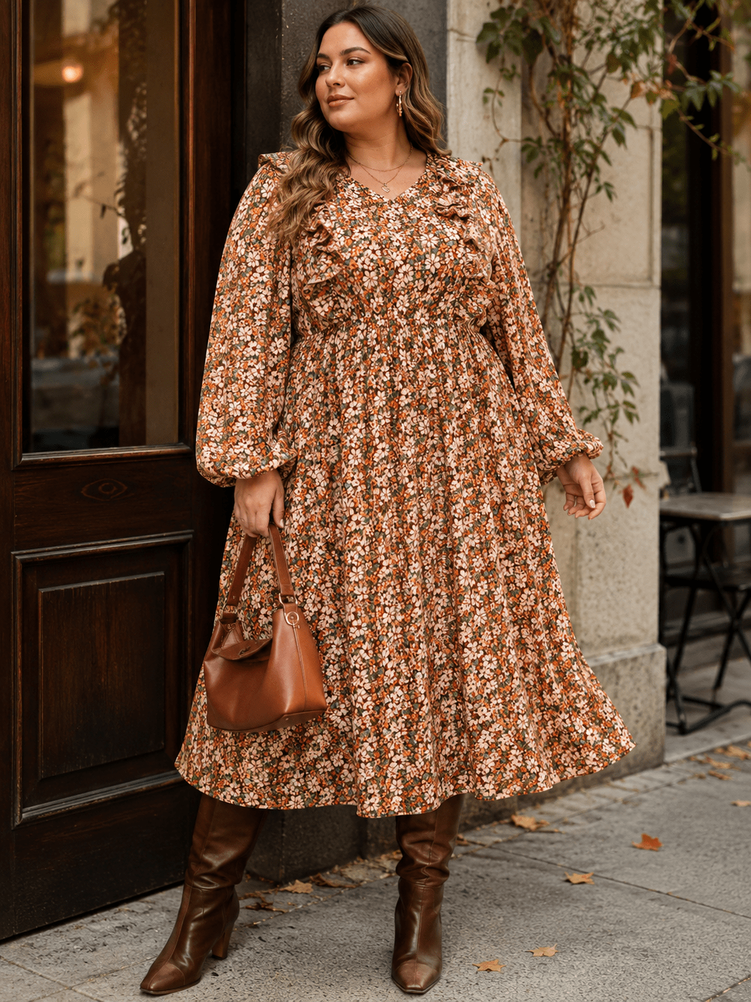 PLUS SIZE LONG SLEEVE BUTTON UP ELASTIC WAIST FLORAL PLEATED MAXI DRESS