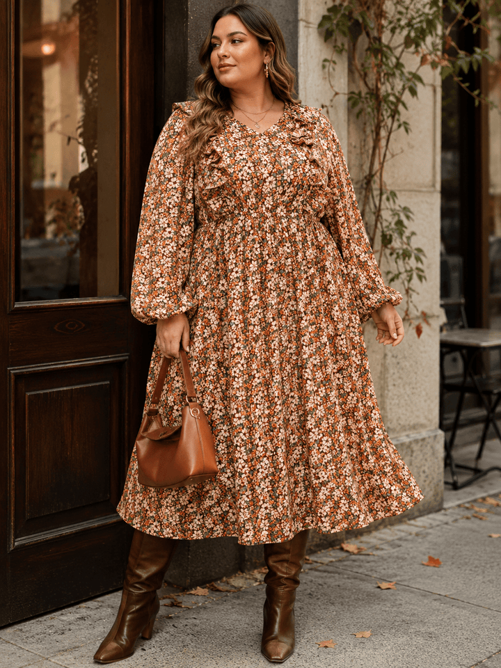 PLUS SIZE LONG SLEEVE BUTTON UP ELASTIC WAIST FLORAL PLEATED MAXI DRESS