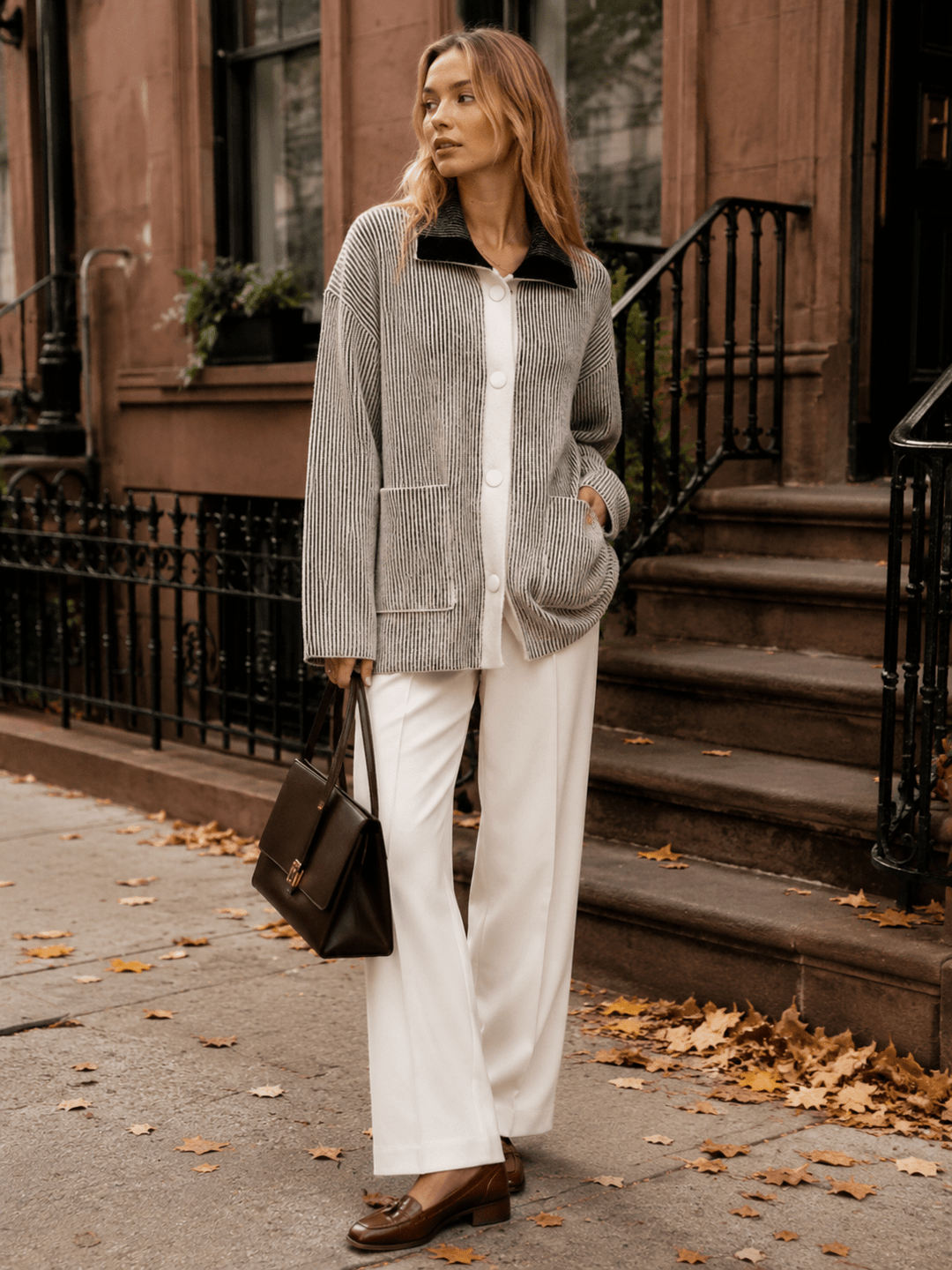 WOMEN'S LONG SLEEVE BUTTON CLOSURE FRONT POCKETS COLORBLOCK STRIPES SWEATER