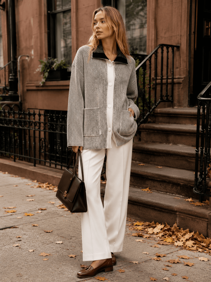 WOMEN'S LONG SLEEVE BUTTON CLOSURE FRONT POCKETS COLORBLOCK STRIPES SWEATER