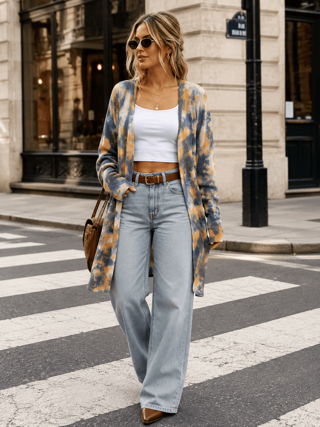 WOMEN'S LONG SLEEVE RUCHED SIDE OPEN FRONT TIE DYE CARDIGAN