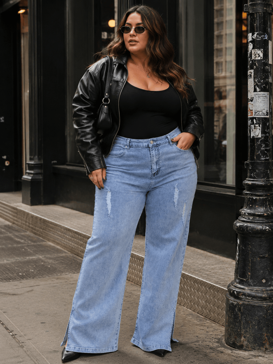 PLUS SIZE BUTTON CLOSURE POCKETS WIDE LEG STRETCH DISTRESS DENIM JEANS