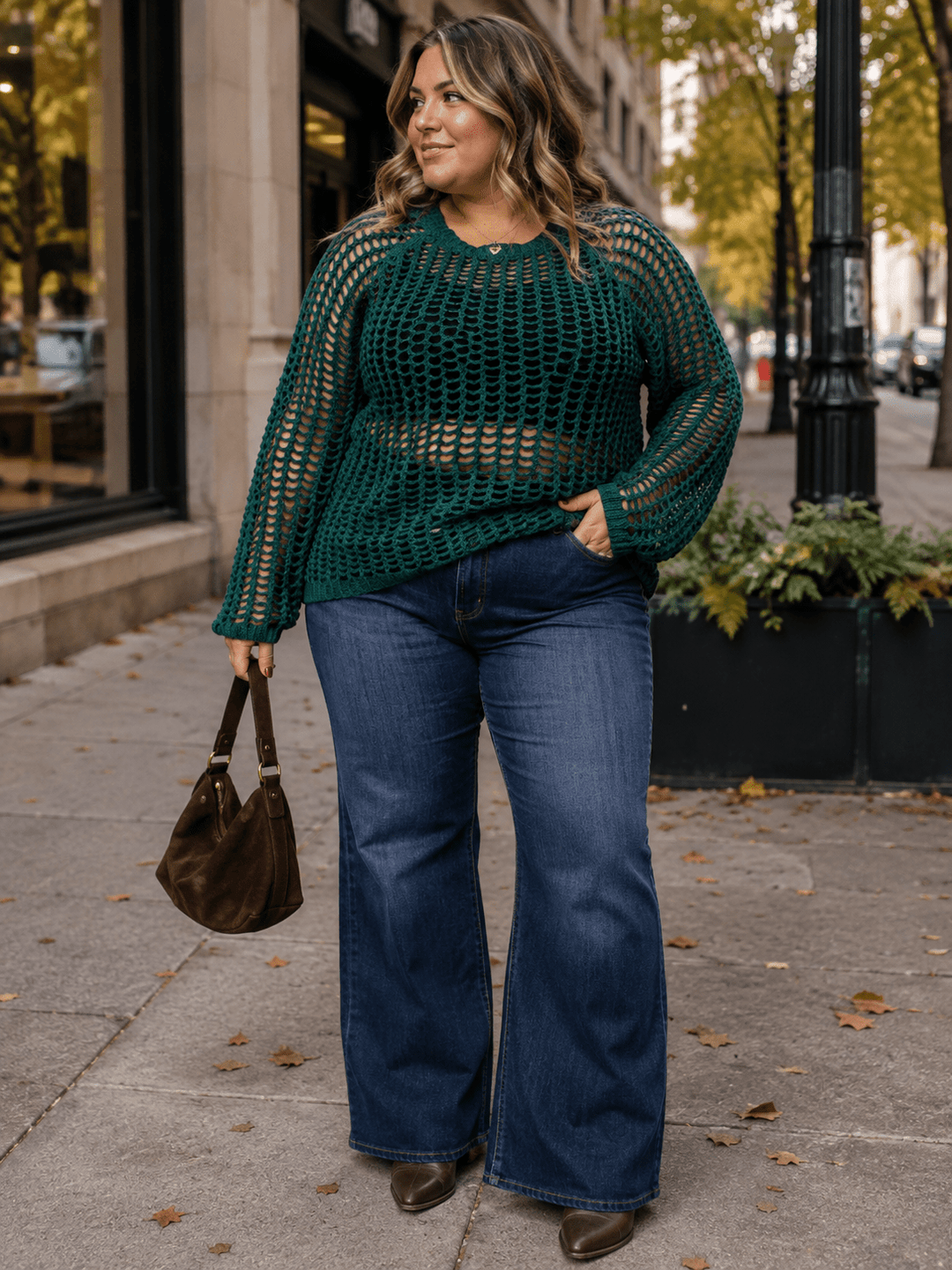 PLUS SIZE LONG SLEEVE CROCHET PULLOVER SWEATER