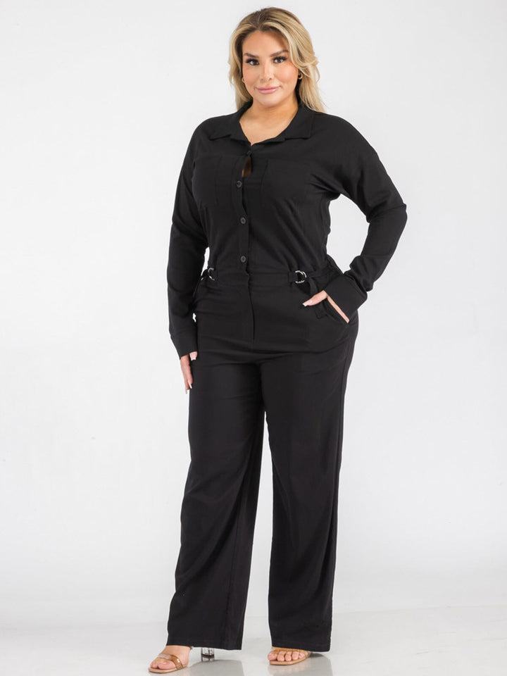 PLUS SIZE LONG SLEEVE BUTTON UP POCKETS WIDE LEG JUMPSUIT