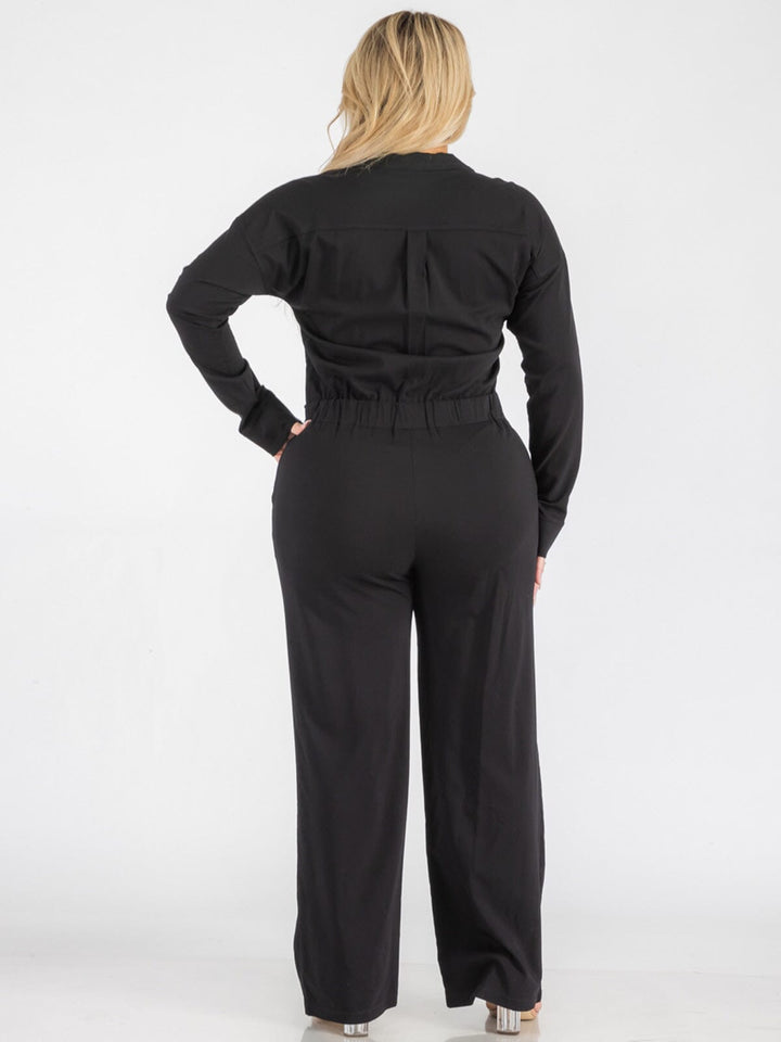 PLUS SIZE LONG SLEEVE BUTTON UP POCKETS WIDE LEG JUMPSUIT