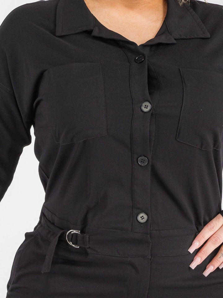 PLUS SIZE LONG SLEEVE BUTTON UP POCKETS WIDE LEG JUMPSUIT