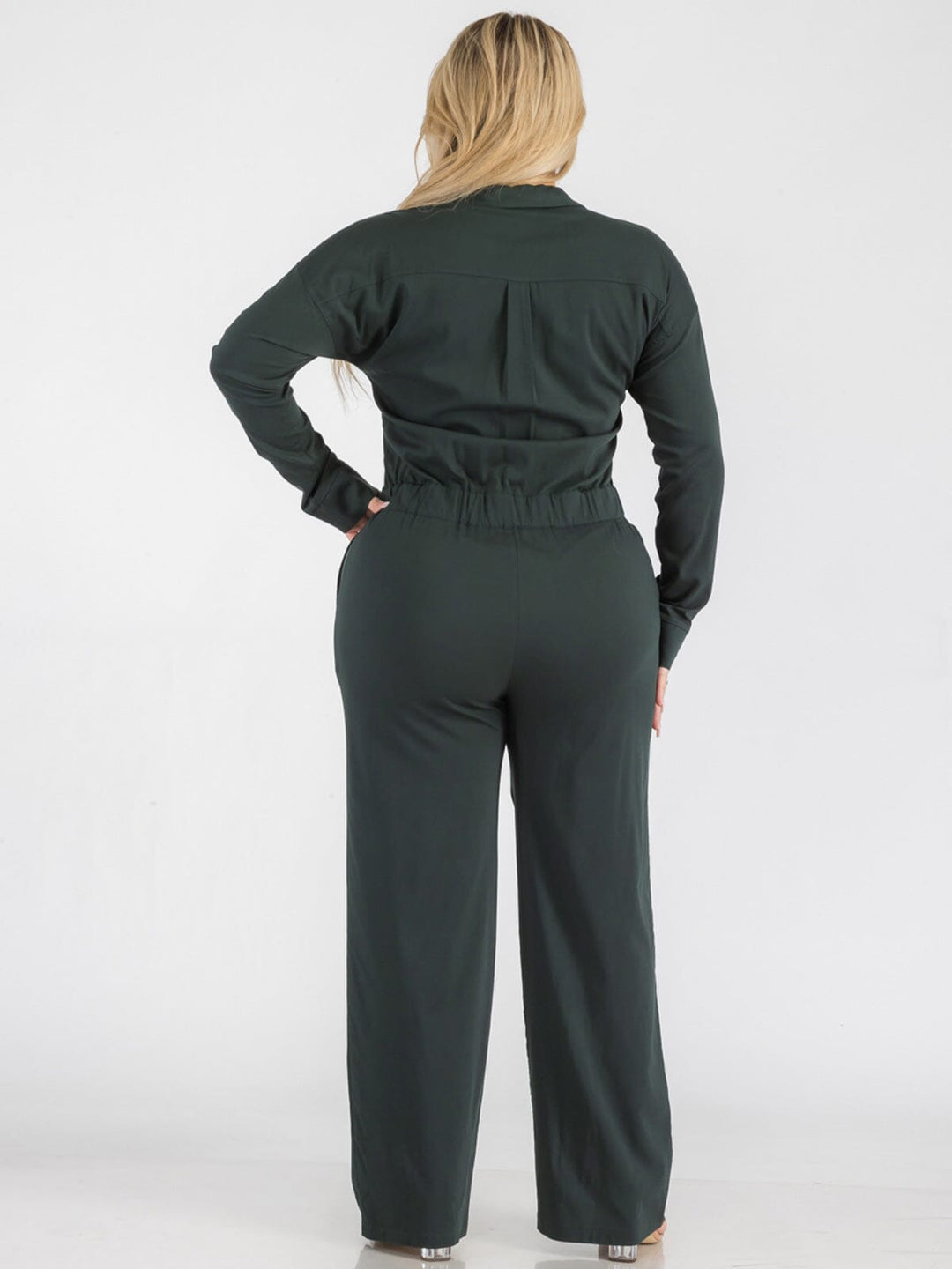 PLUS SIZE LONG SLEEVE BUTTON UP POCKETS WIDE LEG JUMPSUIT