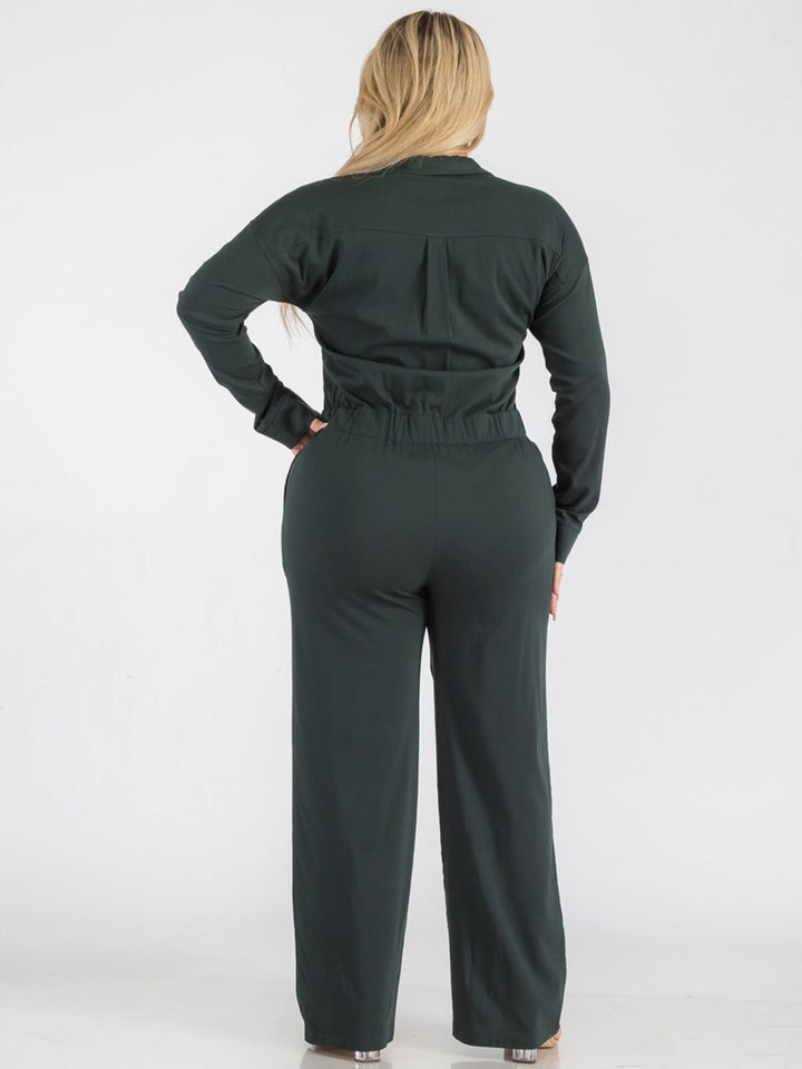 PLUS SIZE LONG SLEEVE BUTTON UP POCKETS WIDE LEG JUMPSUIT