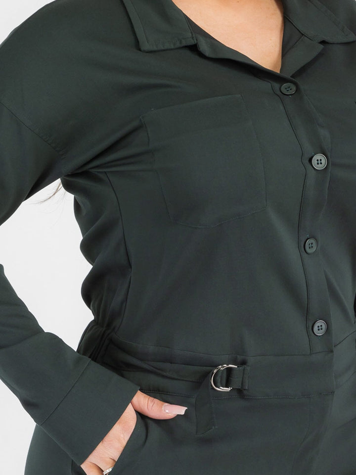 PLUS SIZE LONG SLEEVE BUTTON UP POCKETS WIDE LEG JUMPSUIT