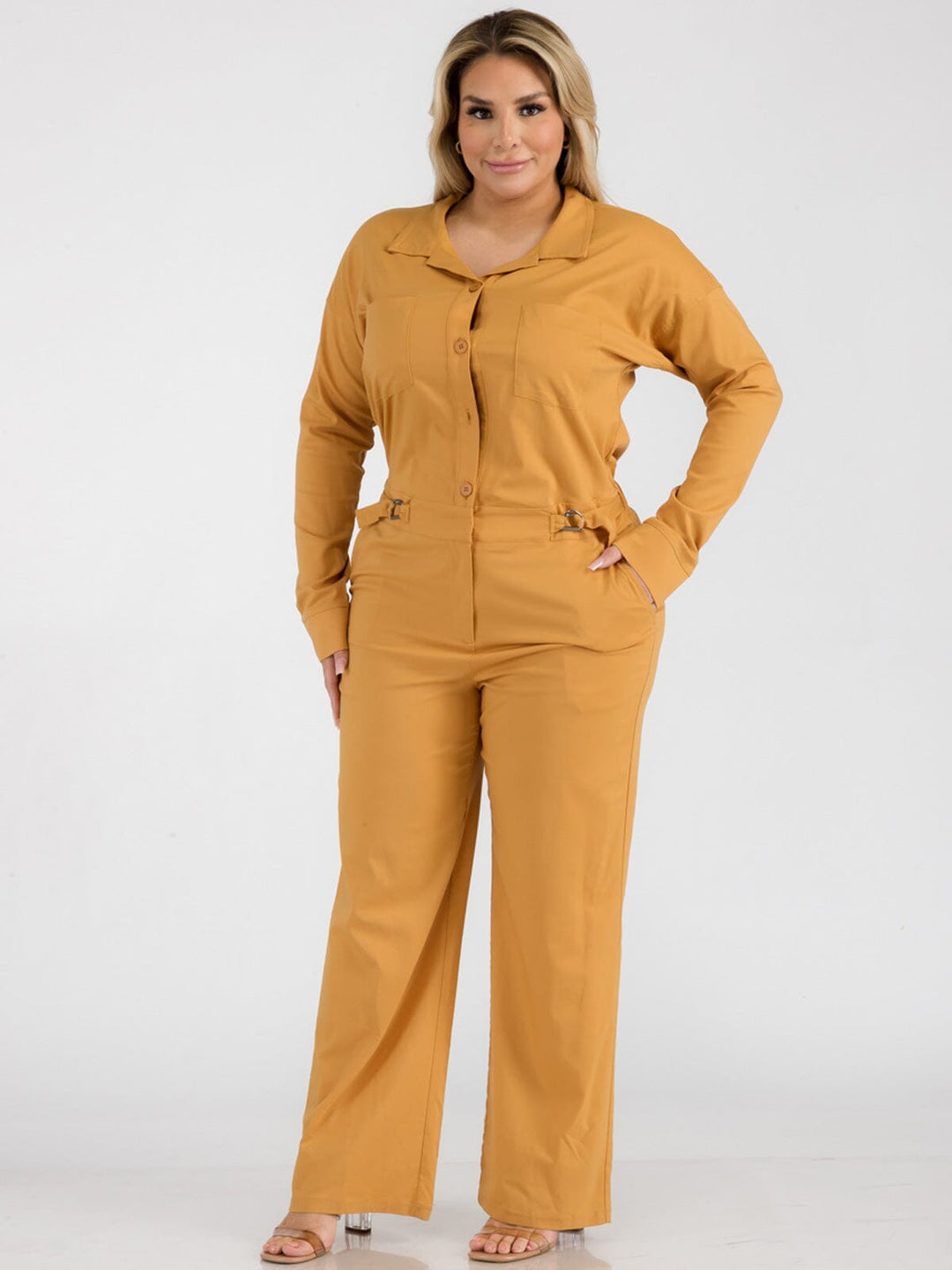 PLUS SIZE LONG SLEEVE BUTTON UP POCKETS WIDE LEG JUMPSUIT