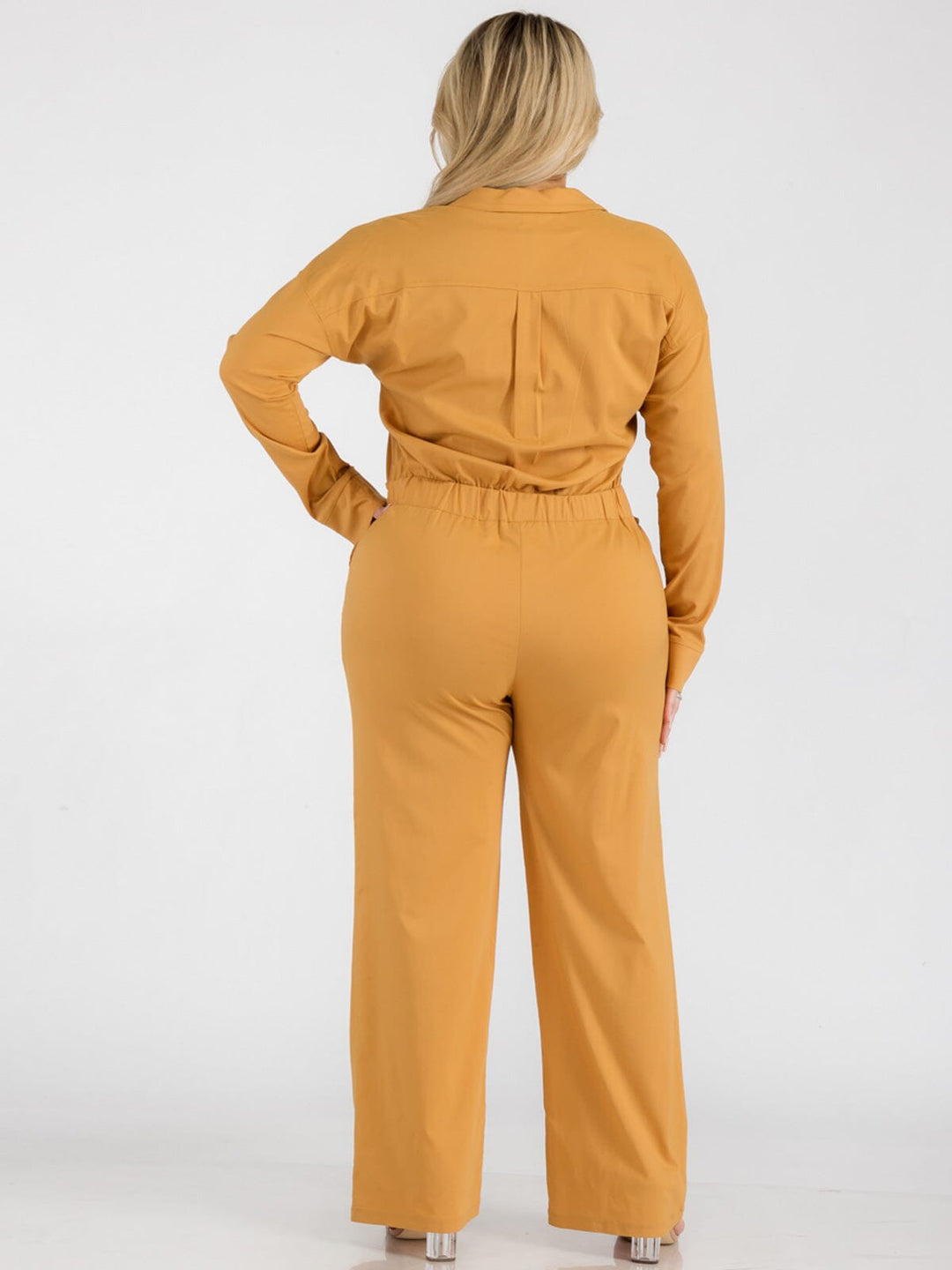 PLUS SIZE LONG SLEEVE BUTTON UP POCKETS WIDE LEG JUMPSUIT
