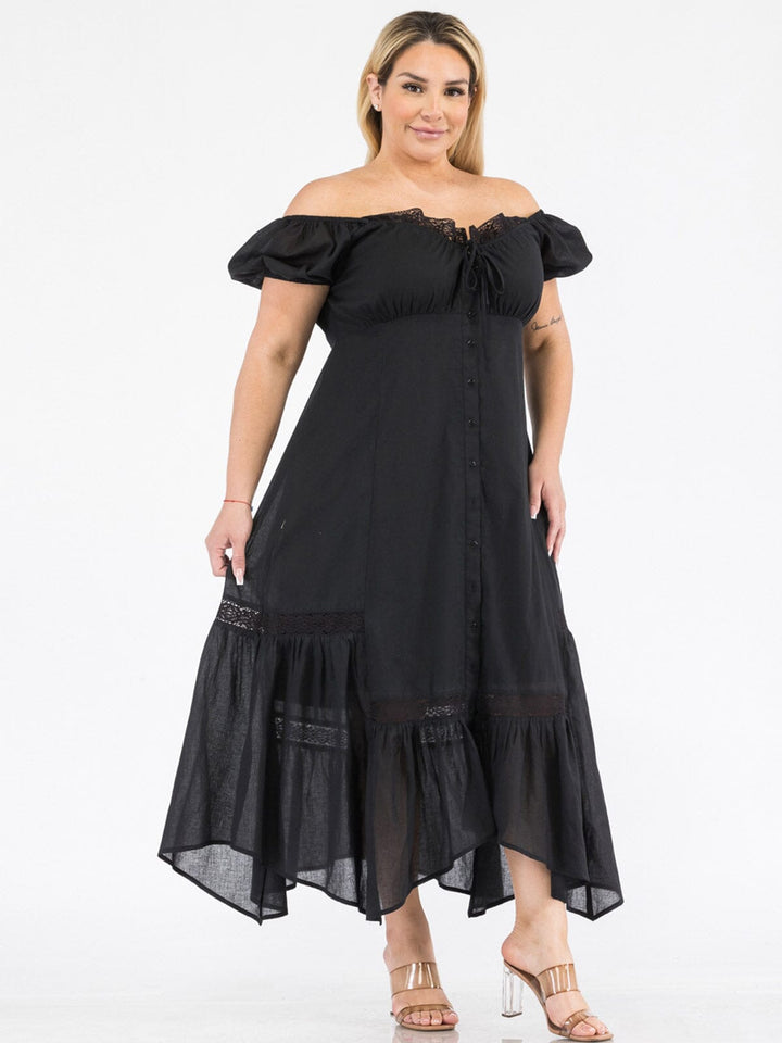 PLUS SIZE SHORT SLEEVE OFF SHOULDER SMOCK FIT & FLARE MAXI DRESS
