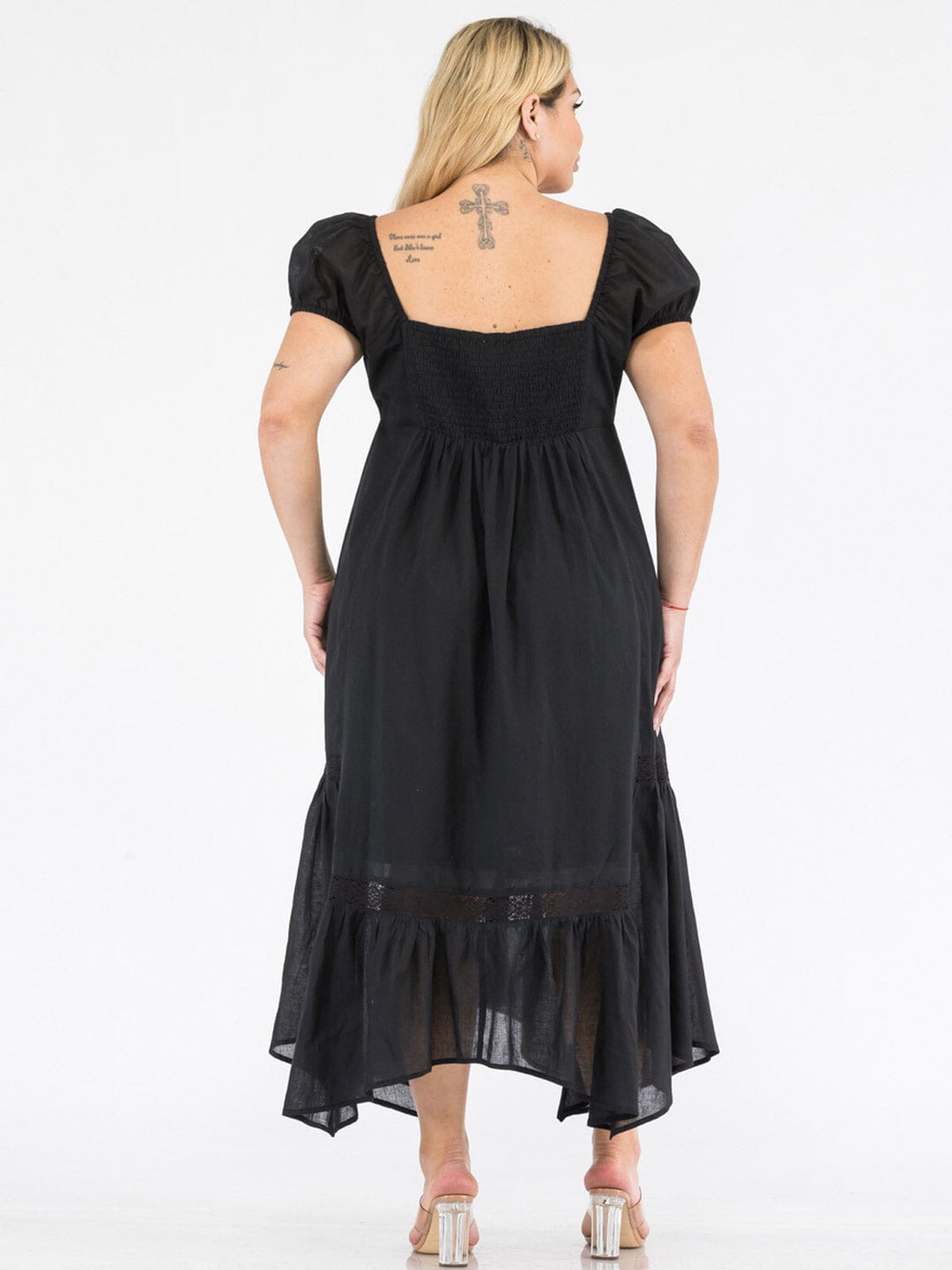 PLUS SIZE SHORT SLEEVE OFF SHOULDER SMOCK FIT & FLARE MAXI DRESS
