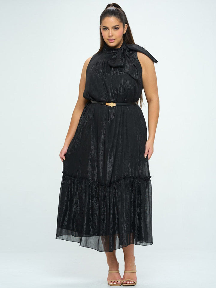 PLUS SIZE SLEEVELESS NECK TIE SHIMMER BELTED MAXI DRESS