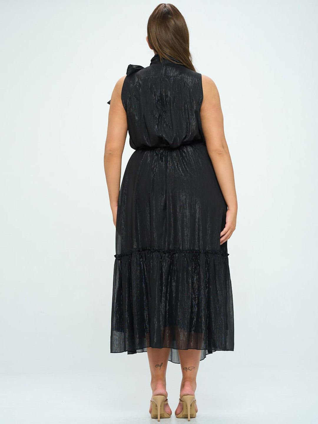PLUS SIZE SLEEVELESS NECK TIE SHIMMER BELTED MAXI DRESS