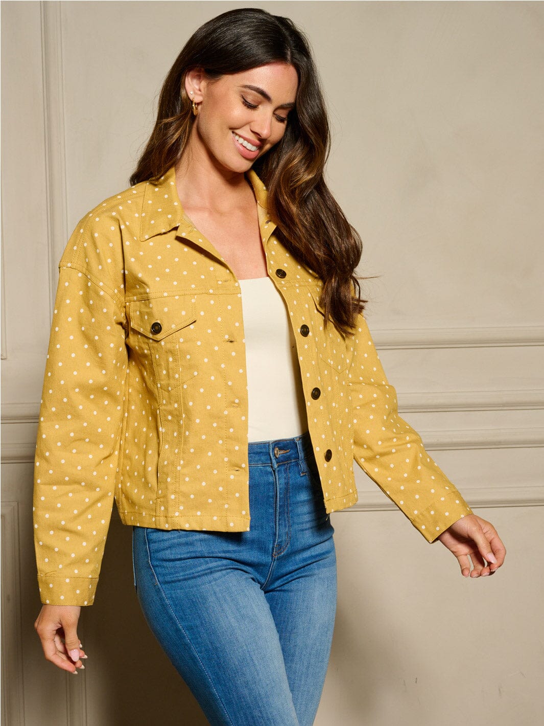 WOMEN'S LONG SLEEVE BUTTON UP FRONT POCKETS POLKA DOTS DENIM JACKET