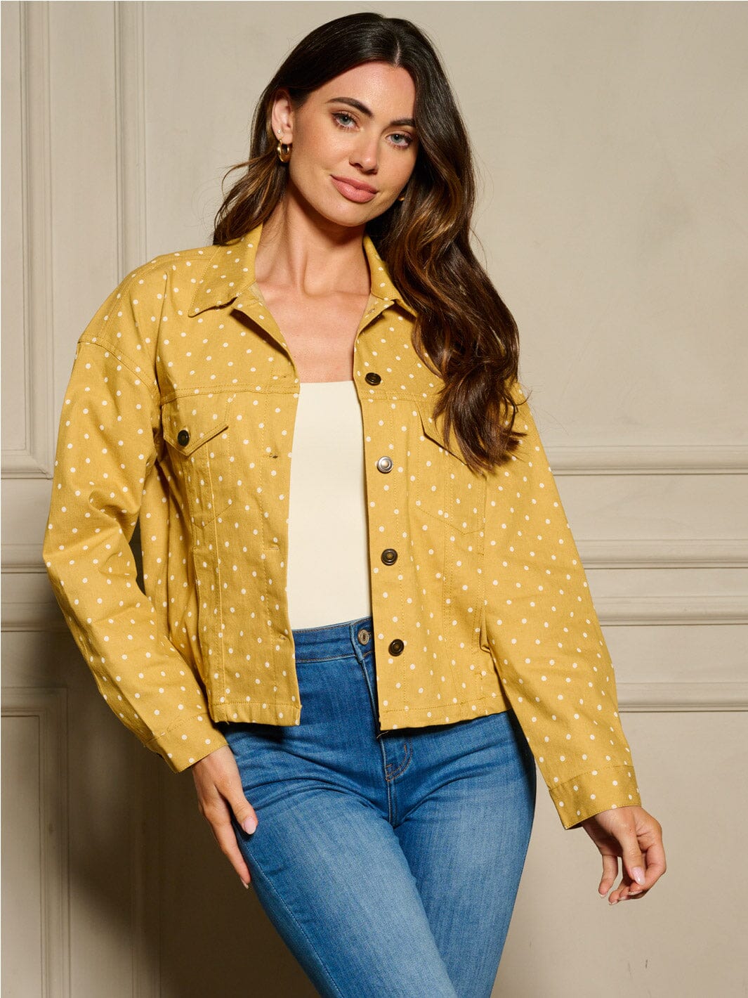 WOMEN'S LONG SLEEVE BUTTON UP FRONT POCKETS POLKA DOTS DENIM JACKET