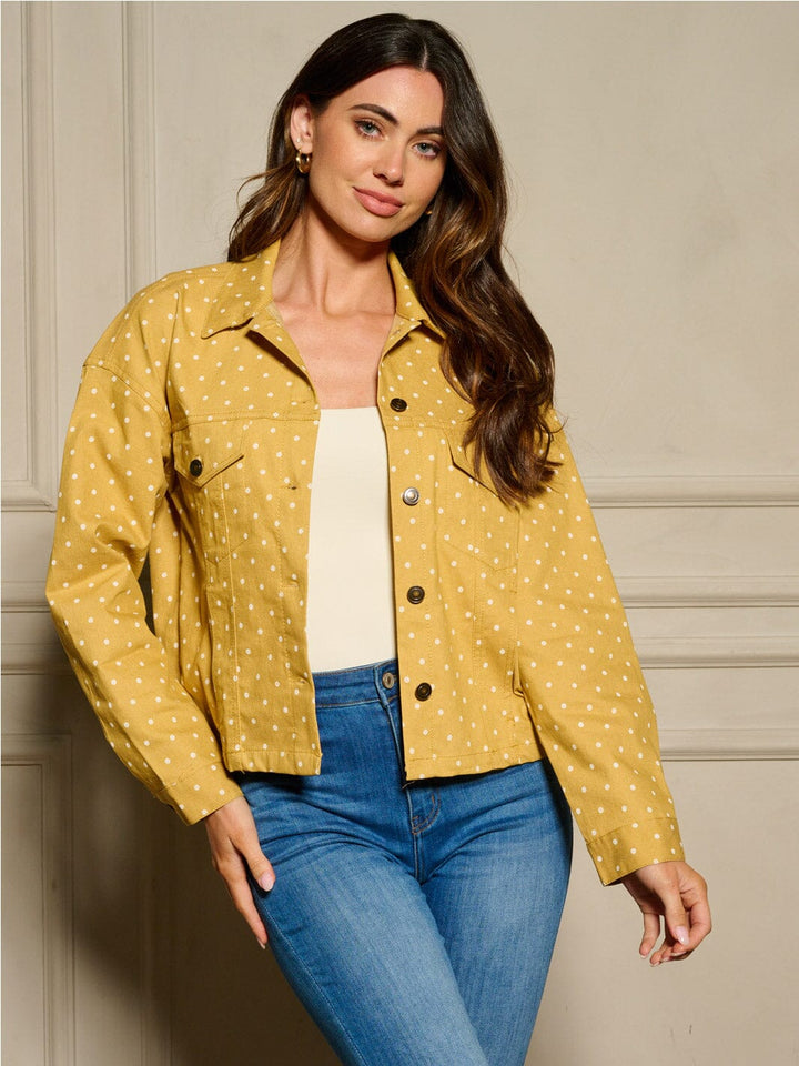 WOMEN'S LONG SLEEVE BUTTON UP FRONT POCKETS POLKA DOTS DENIM JACKET