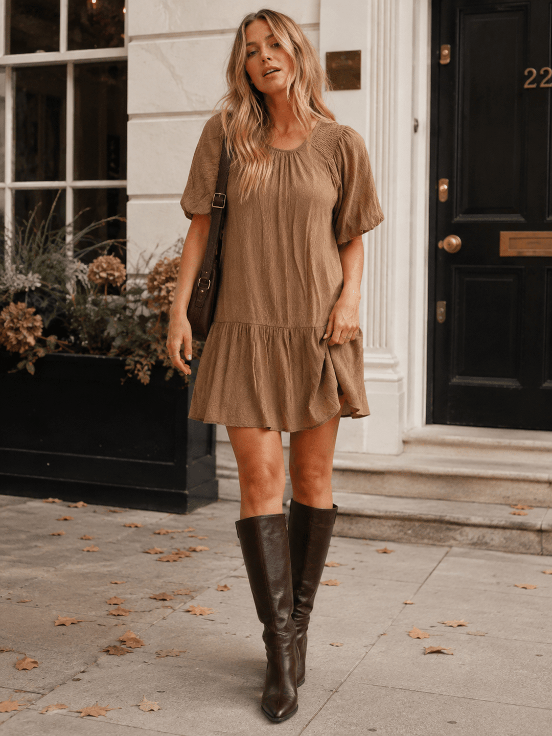 ENTRO WOMEN'S SHORT PUFF SLEEVE TUNIC MINI DRESS