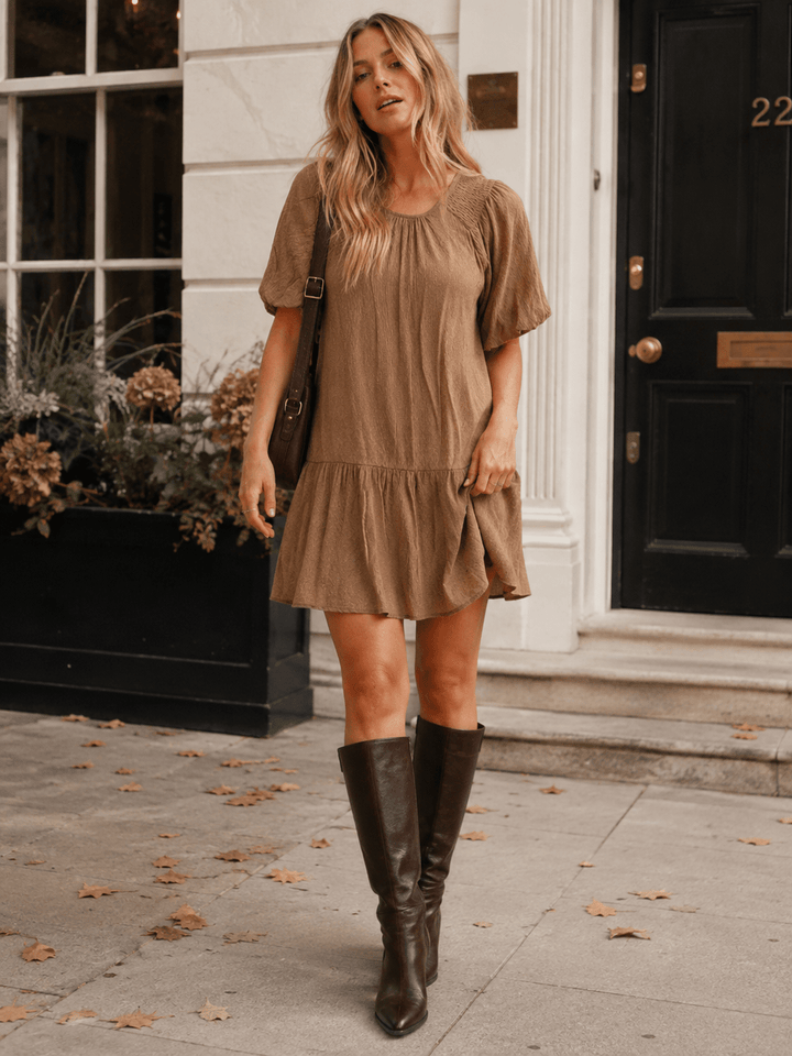 ENTRO WOMEN'S SHORT PUFF SLEEVE TUNIC MINI DRESS