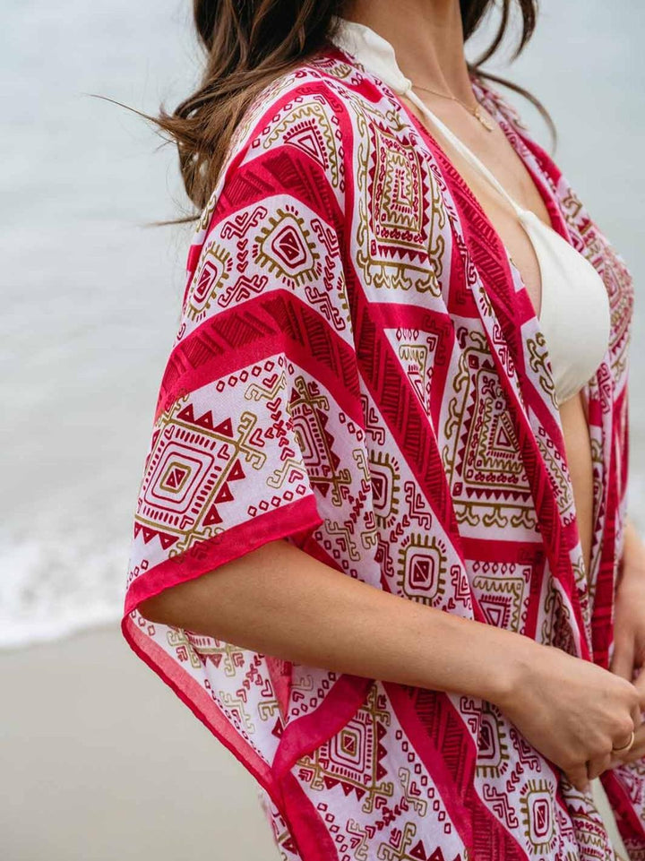 WOMEN'S SHORT SLEEVE OPEN FRONT MULTI PRINT KIMONO