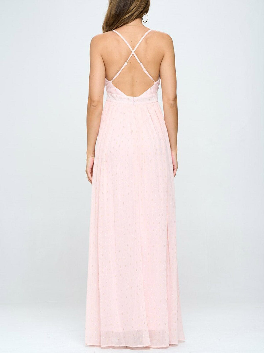 WOMEN'S SLEEVELESS V-NECK FRONT SLIT SHIMMER DETAILED MAXI DRESS