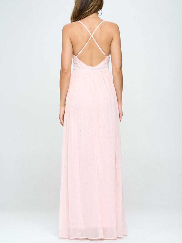 WOMEN'S SLEEVELESS V-NECK FRONT SLIT SHIMMER DETAILED MAXI DRESS