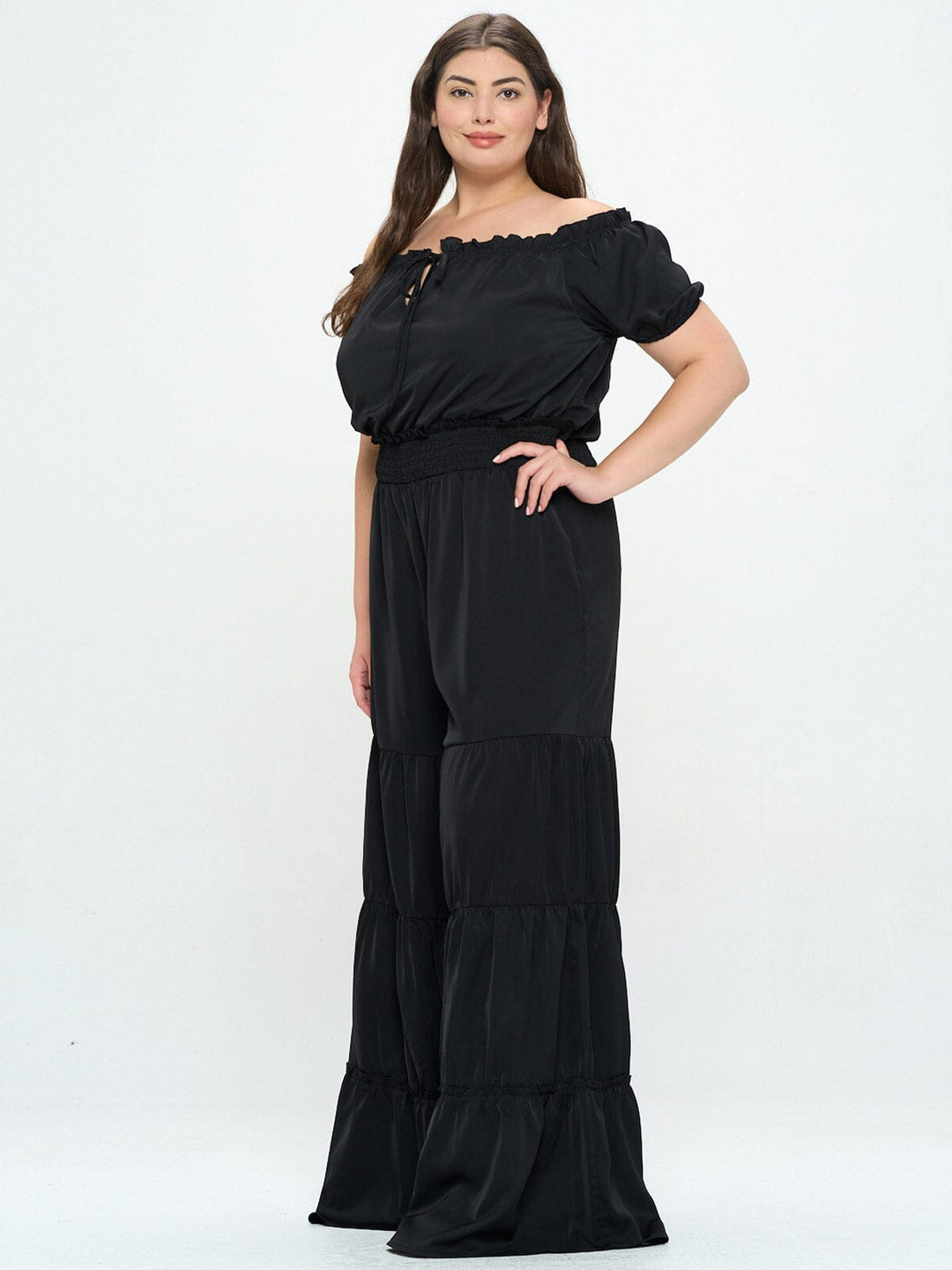 PLUS SIZE OFF SHOULDER SMOCK WAIST LACE TIERED JUMPSUIT