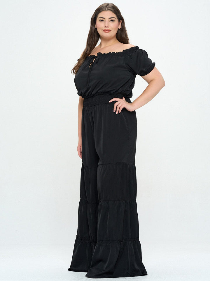 PLUS SIZE OFF SHOULDER SMOCK WAIST LACE TIERED JUMPSUIT