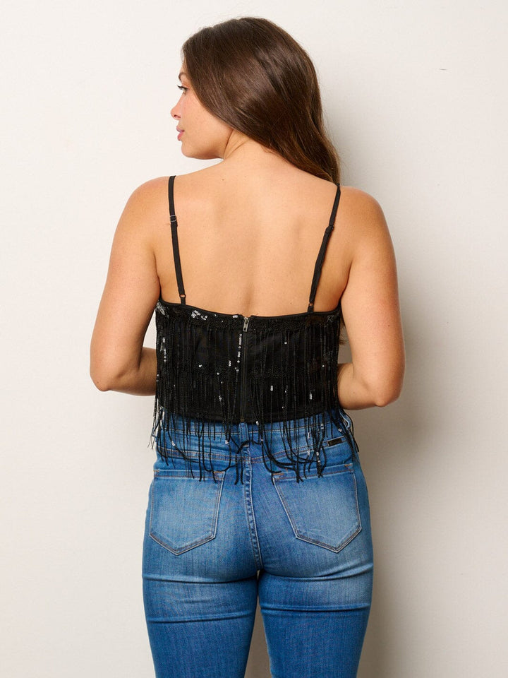 WOMEN'S SLEEVELESS SEQUINS TASSEL CROP TANK TOP