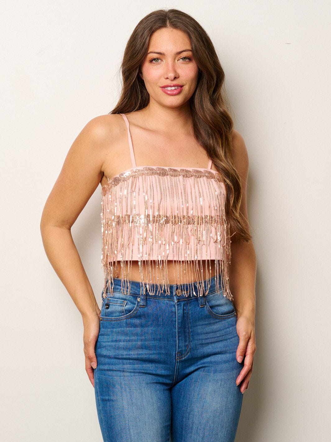 WOMEN'S SLEEVELESS SEQUINS TASSEL CROP TANK TOP