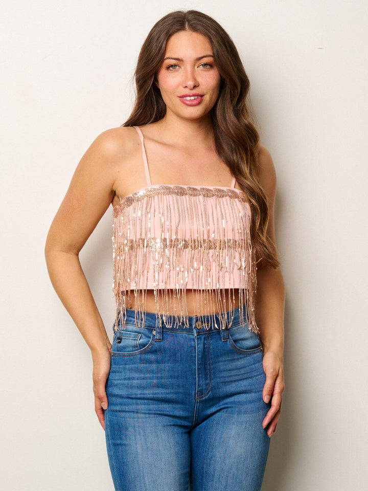 WOMEN'S SLEEVELESS SEQUINS TASSEL CROP TANK TOP